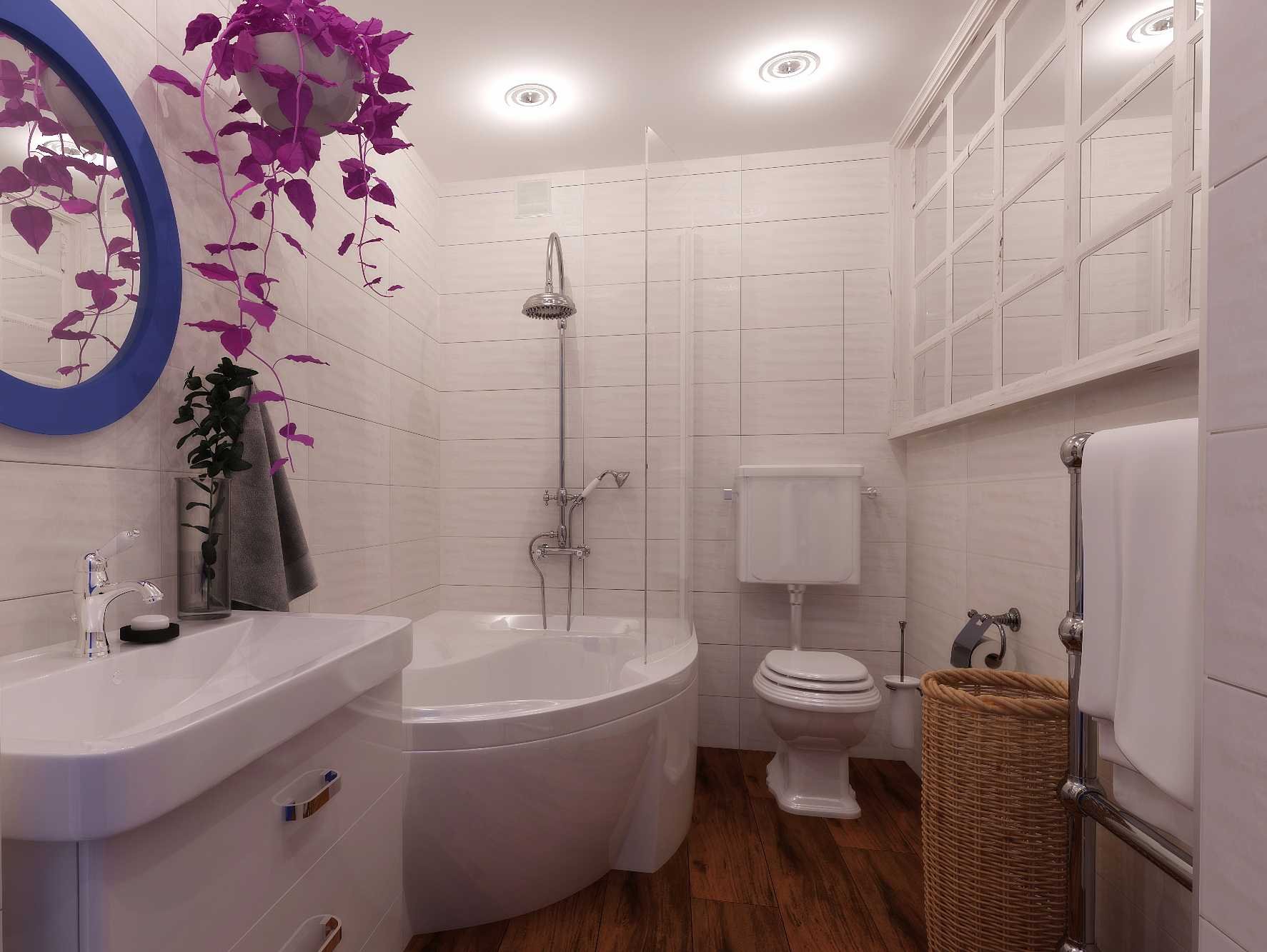 Дизайн ванной комнаты с угловой ванной совмещенной с туалетом и стиральной машиной