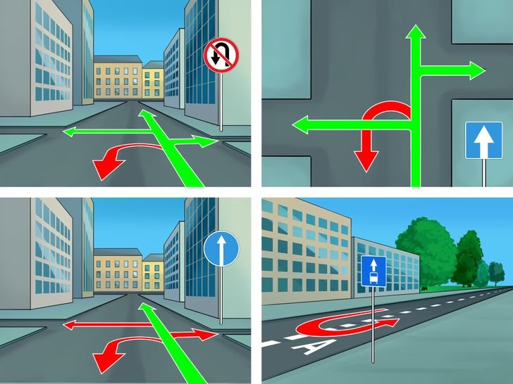 Действие знаков движение. Знак разворот запрещен зона действия. Знак 4.1.4 на перекрестке. Движение по полосам запрещает разворот. Где нельзя разворачиваться.