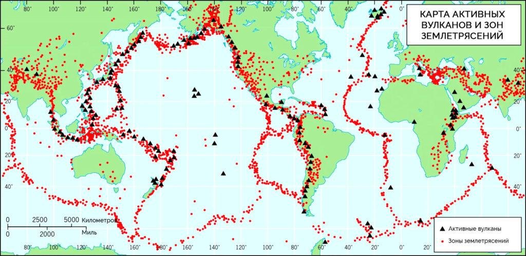 Карта землетрясений мира и вулканов