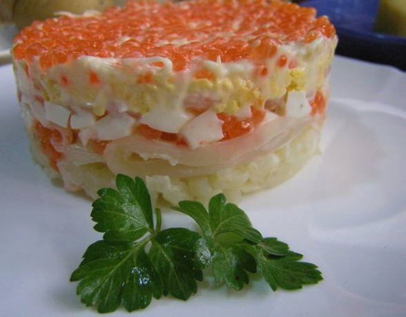 Салат морской с кальмарами и красной икрой рецепты